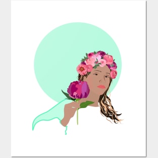 Girl in flower crown on mint background Posters and Art